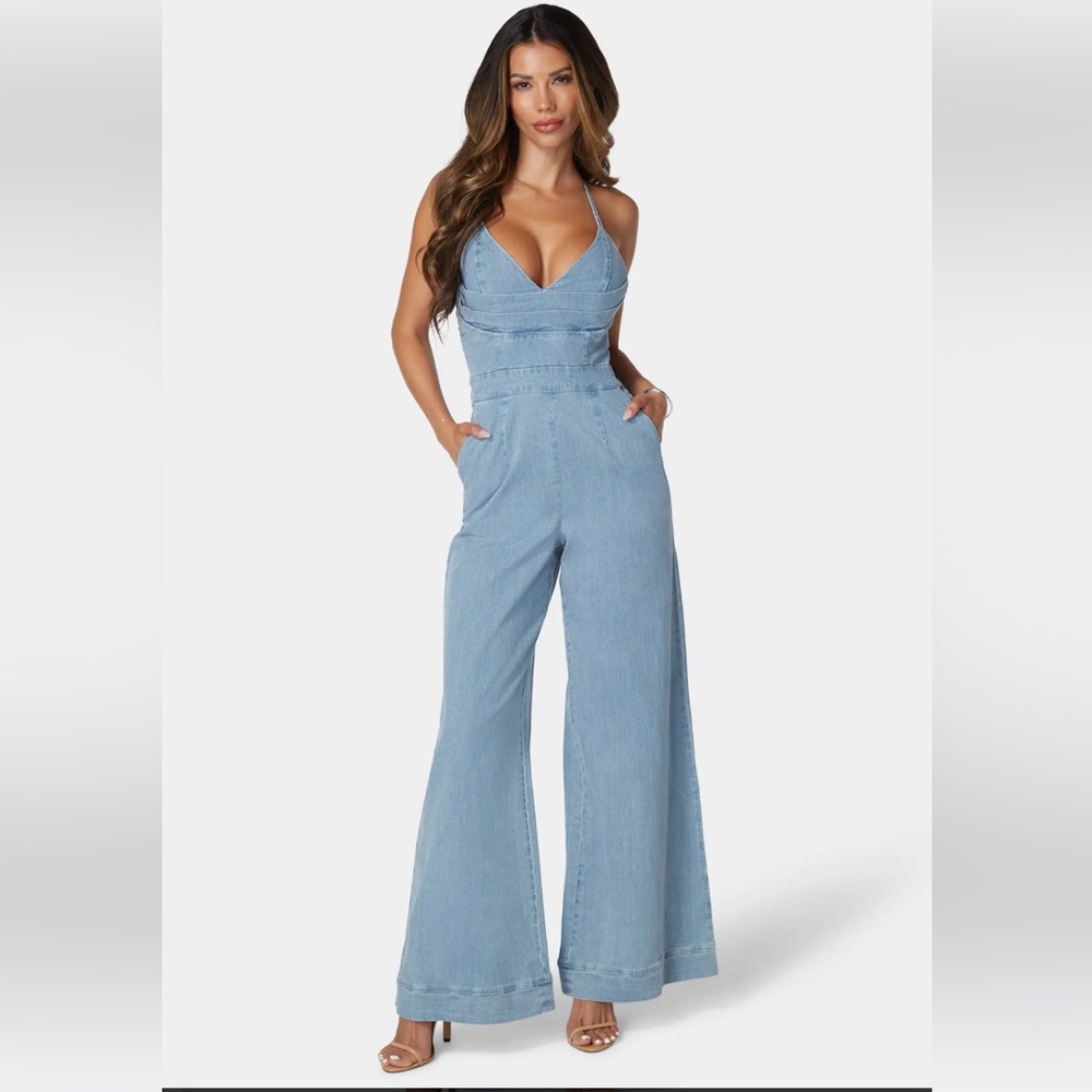 BEBE plunging V- Neck wide leg denim body suit